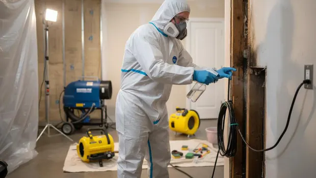 A technician applies antimicrobial treatment to exposed wall framing after affected drywall has been removed, working inside a contained area with drying equipment running.