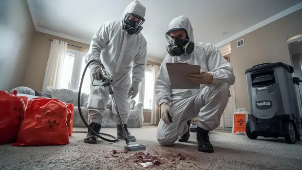 Two technicians in protective suits and respirators document and treat a contaminated area of carpet, with sealed biohazard waste bags beside them.