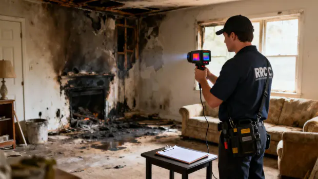 A technician surveys a fire-damaged living room with a thermal imaging camera, checking for hidden heat and moisture behind charred walls around the fireplace.
