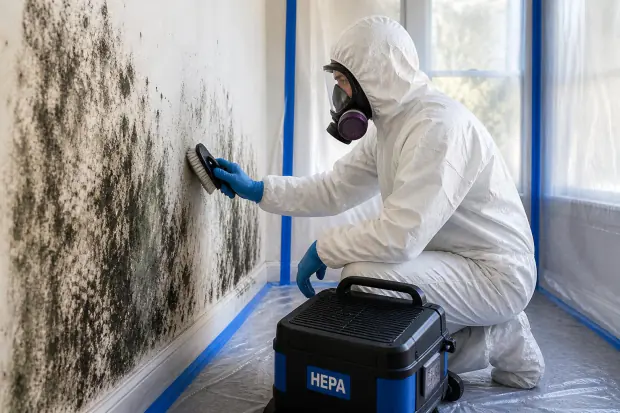 A technician in a full-face respirator and protective suit scrubs mold from a wall inside a taped containment barrier, with a HEPA air scrubber running beside them.
