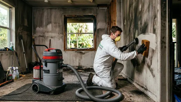 A technician in a protective suit and mask sponges soot residue from a smoke-blackened wall, revealing clean surface underneath, with a HEPA vacuum alongside.