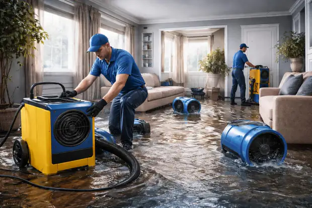 Two technicians position air movers and a dehumidifier in a living room with several inches of standing flood water across the floor.