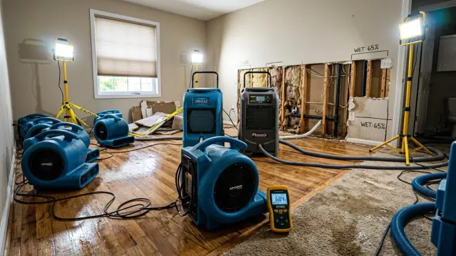 A room mid-dry-out: a bank of air movers and a commercial dehumidifier running against exposed wall studs, with a moisture meter on the floor and damp readings marked on the wall.