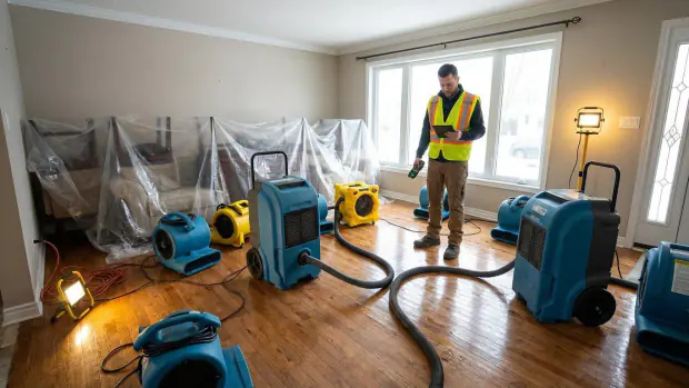 A drying setup in a living room: several air movers and two dehumidifiers positioned around the room, furniture protected under plastic sheeting, and a technician recording readings on a tablet.